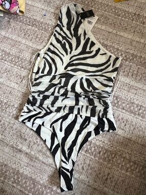 AFRM Zebra Print Ruched One Shoulder High Cut Lined Swimsuit Black White XS NWT